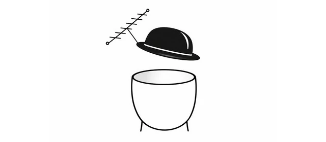 A simple black and white drawing of a bowler hat with an antenna floating above a round bowl. The antenna represents the RAS, the bowler hat being lifted represents the transfer of awareness.