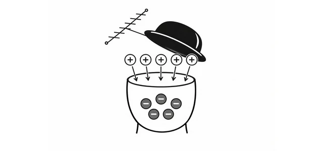 A diagram shows plus symbols with arrows representing positive affirmations entering a head, the subconscious mind The head contains negative symbols, representing the existing limiting beliefs The diagram is topped with a lifted bowler hat representing the lifted conscious mind that allows access to the subconscious mind and an antenna representing the RAS, The reticular activating system
