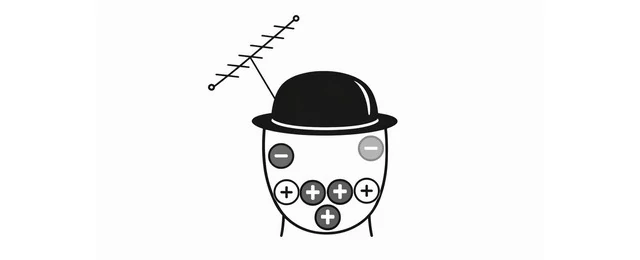 A simple line drawing of a face with a bowler hat, an antenna, and assorted plus and minus signs. The plus signs represent positive affirmations consolidating while negative beliefs fade.