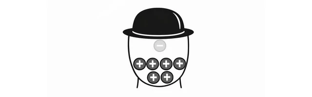 Simple drawing of a person with a bowler hat, a faded minus sign below the hat, and six plus signs arranged in two rows below that. The plus signs represent positive affirmations being integrated into belief structures, while the limiting beliefs fade.