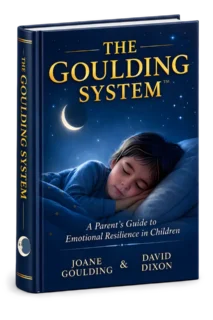 Book cover of “The Goulding System” featuring a sleeping child under a starry sky and crescent moon, with the subtitle “A Parent’s Guide to Emotional Resilience in Children.” The calming imagery captures the essence of the Goulding System, emphasizing its supportive approach to nurturing emotional resilience in children.