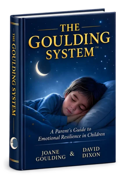 Book cover of “The Goulding System” featuring a sleeping child under a starry sky and crescent moon, with the subtitle “A Parent’s Guide to Emotional Resilience in Children.” The calming imagery captures the essence of the Goulding System, emphasizing its supportive approach to nurturing emotional resilience in children.