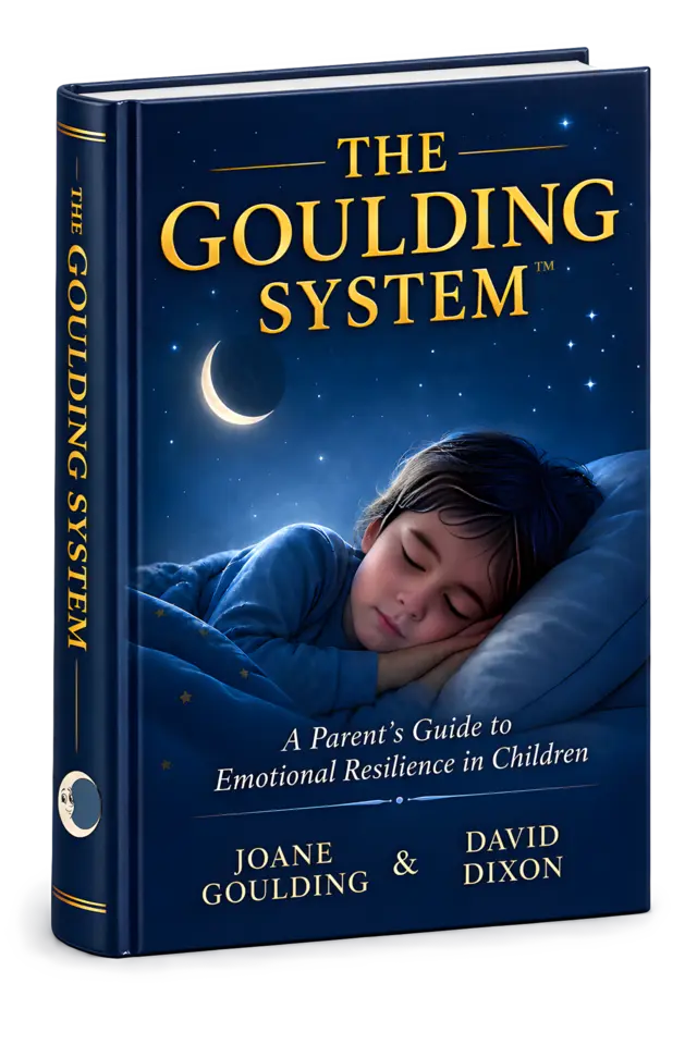 Book cover of “The Goulding System” featuring a sleeping child under a starry sky and crescent moon, with the subtitle “A Parent’s Guide to Emotional Resilience in Children.” The calming imagery captures the essence of the Goulding System, emphasizing its supportive approach to nurturing emotional resilience in children.