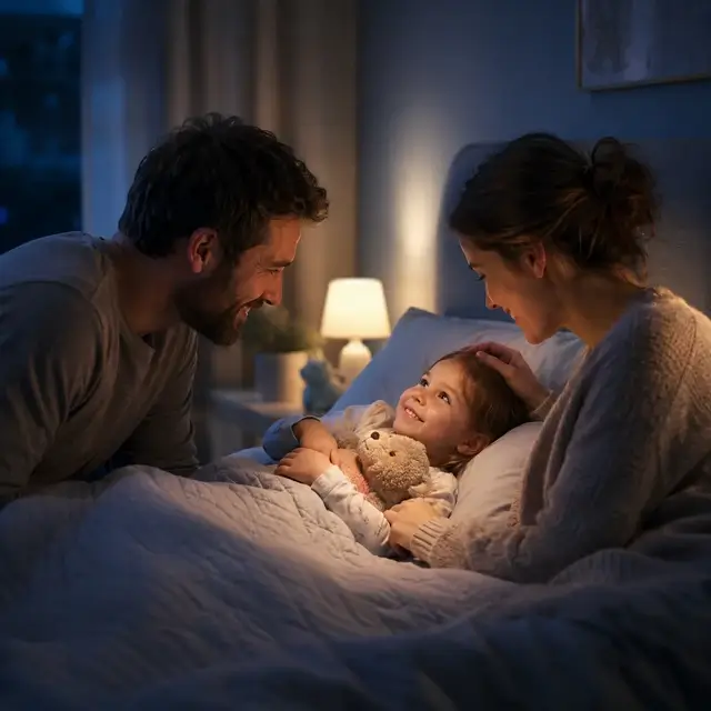 A man and woman sit on either side of a child in bed, smiling at the child who holds a teddy bear. The room is softly lit with a lamp in the background.