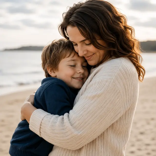A woman and a young boy hug each other on a sandy beach with water and sky visible in the background.