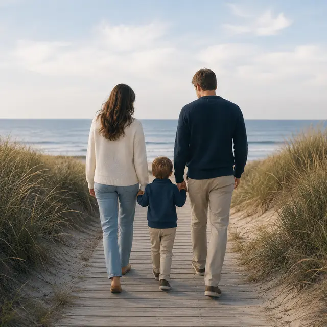 Three people, two adults and a child, walk hand in hand down a sandy path toward the ocean, surrounded by tall beach grass under a partly cloudy sky.