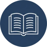 White line drawing of an open book with visible lines for text, centered in a dark blue circle on a light background.