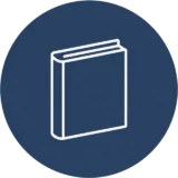 White outline of a closed book centered on a dark blue circle, set against a light beige background.
