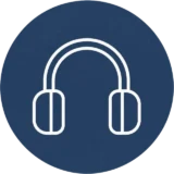 White line drawing of headphones inside a solid navy blue circle, set against a light beige background.