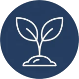 White line drawing of a sprouting plant with two leaves on a blue circular background.