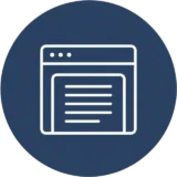 A white outline of a web browser window with horizontal lines representing text, centered on a blue circular background.